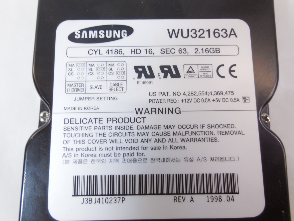 Винтаж! Жесткий Диск Samsung WU32163A IDE 2,16Gb - Pic n 277797