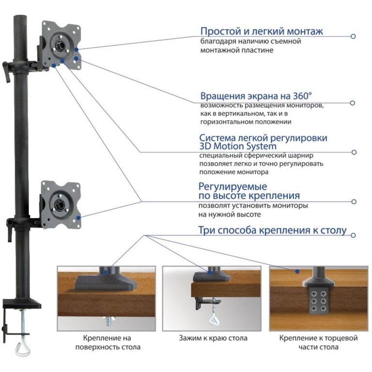 Настольный кронштейн для 2 мониторов Kromax OFFICE-5 (VESA75/100, 2x6кг) - Pic n 310970