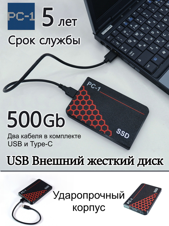 PC-1 USB + Type-C SSD Внешний жесткий диск 500Gb 2.5 дюйма. Быстрый, подходит для Игр. Воткнул в Смартфон, Приставку, Консоль, Ноутбук, ПК работает! У - Pic n 311048
