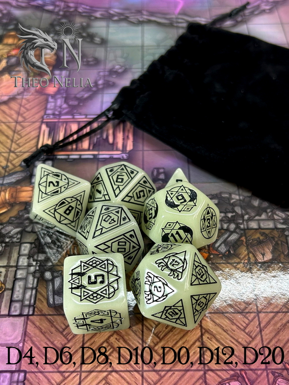 7шт. DnD Дайсы светящиеся в темноте «D Lumine runes»! Подземелья и драконы игральные кости. Кубики для ДнД, атрибуты мастера Theo Nelia.  - Pic n 311047