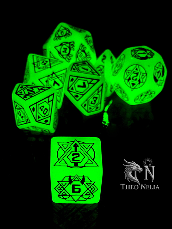 7шт. DnD Дайсы светящиеся в темноте «D Lumine runes»! Подземелья и драконы игральные кости. Кубики для ДнД, атрибуты мастера Theo Nelia.  - Pic n 311047