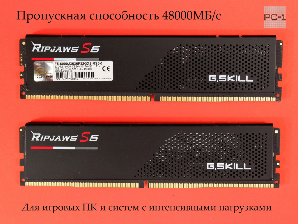Оперативная память DDR5 64Gb (2х32ГБ) G.Skill RIPJAWS S5 F5-6000J3636F32GX2-RS5K DDR5-6000 CL36-36-36-96 1.35v 32x2 Intel XMP 3.0 Ready 0R48AXS810B  - Pic n 311060