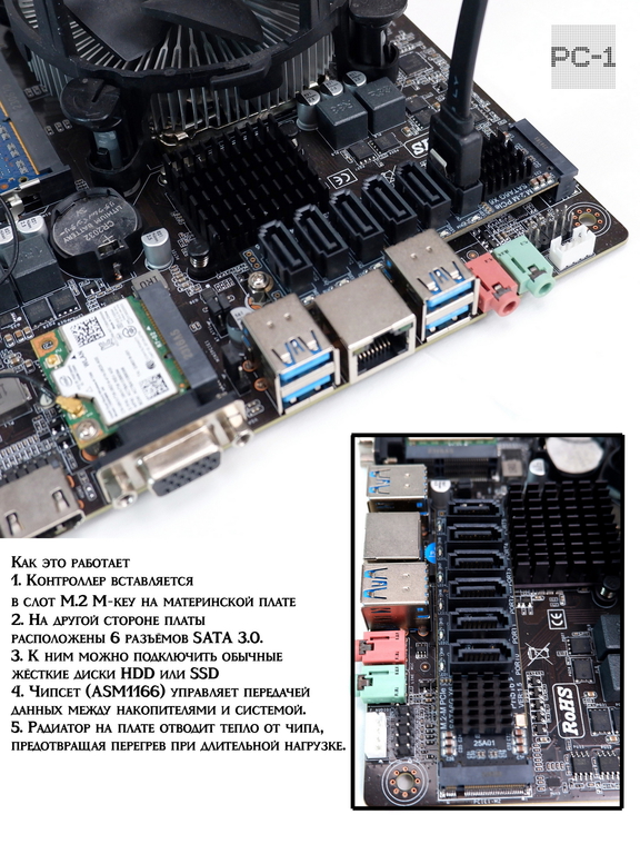 Контроллер M.2 NVMe PCIe 3.0 для подключения 6-ти жестких дисков SATA III SSD/HDD к ПК или Серверу. Адаптер с M.2 на 6SATA драйвера не нужны!  - Pic n 311175