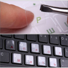 Прозрачные наклейки на клавиатуру Qwerty-Йцукен красные Русские буквы на прозрачном фоне. Для ноутбука ПК. - Pic n 307031