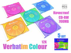 Оптические диски Verbatim Colour, CD-RW скорость записи 8-12X ёмкость 700MB 5шт slim case - Pic n 294269