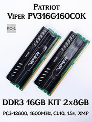 Оперативная память DDR3 16GB 2x8GB Patriot Viper PV316G160C0K, DIMM, PC3-12800, 1600MHz, CL10, 1.5v, XMP, радиатор на чипах - Pic n 297218