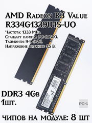 Оперативная память DDR3 4Gb AMD Radeon R3 Value R334G1339U1S-UO PC3-10600 1333МГц Тайминги: 9-9-9-24 контактов: 240 питания: 1,5В - Pic n 311201